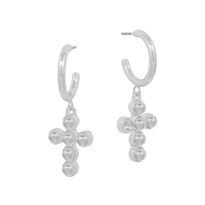 Silver Huggie Hoop with Silver Studded Cross Charm Earring