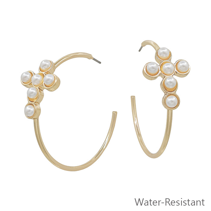 Water Resistant Gold Hoop with Pearl Beaded Cross 1.5" Earring