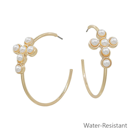 Water Resistant Gold Hoop with Pearl Beaded Cross 1.5" Earring