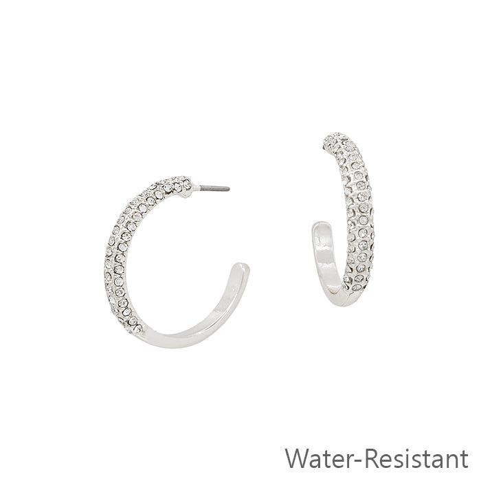 Water Resistant Silver 1" Pave Silver Hoop Earring