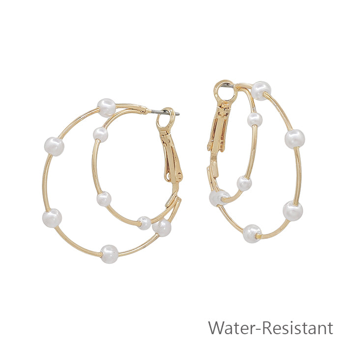 Water Resistant Two Layered Gold Hoop with Pearl Accents 1.25" Hoop