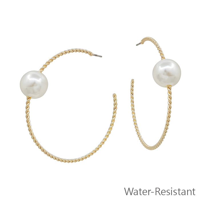 Water Resistant Gold Textured Hoop with Pearl Accent 2" Earring