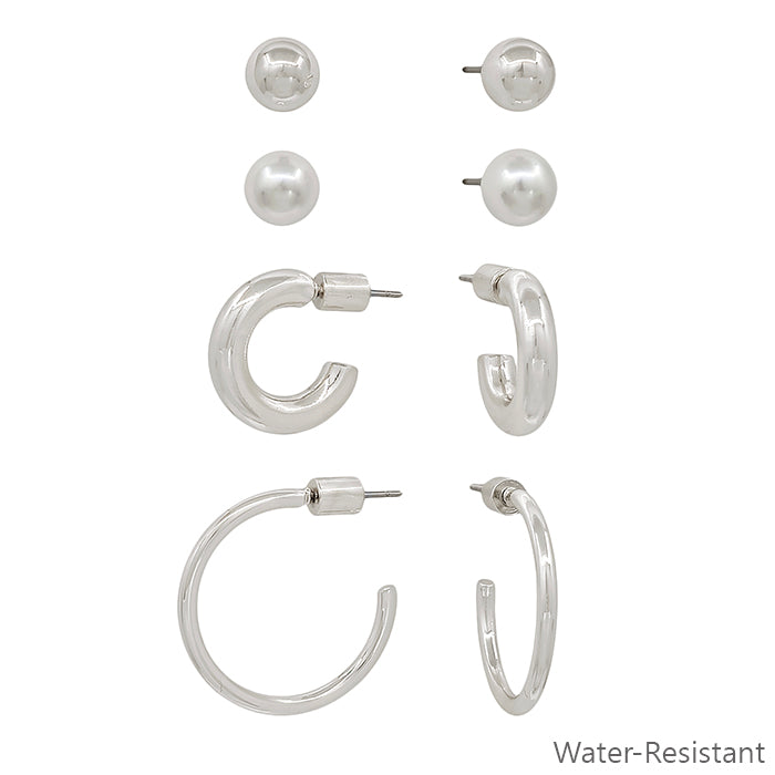 Water Resistant Set of 4 Silver and Pearl Studs with .5", .75" Hoop Earrings