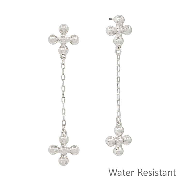 Water Resistant Silver Ball Shaped Cross with Chain Drop 1.5" Earring