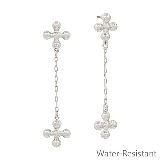 Water Resistant Silver Ball Shaped Cross with Chain Drop 1.5" Earring