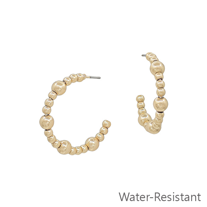 Water Resistant Small Gold Beaded 1" Hoop Earring