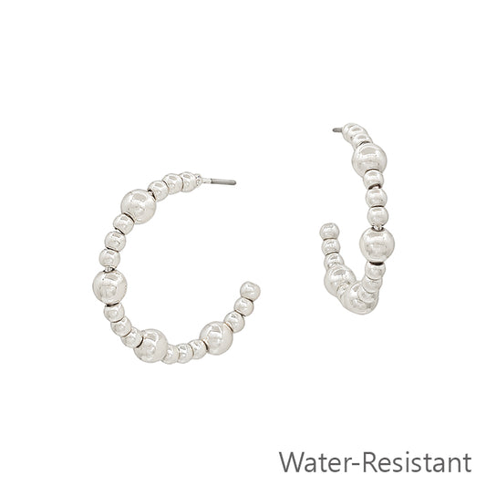 Water Resistant Small Silver Beaded 1" Hoop Earring