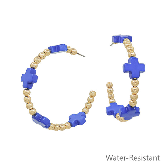 Water Resistant Gold Beaded and Royal Blue Cross Shape 2" Earring