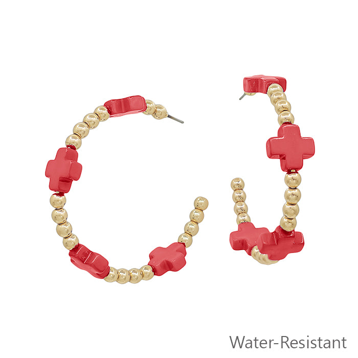 Water Resistant Gold Beaded and Red Cross Shape 2" Earring