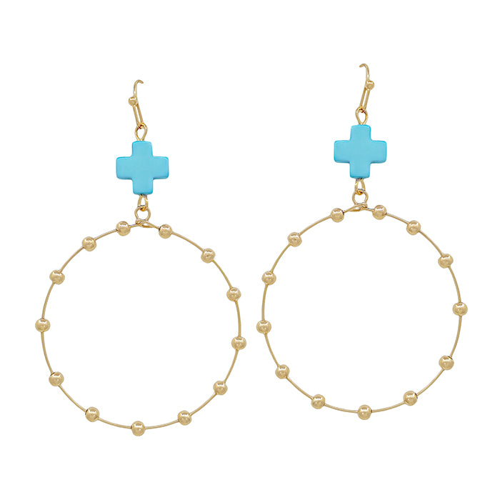 Turquoise Cross Shape with Gold Beaded Open Circle Drop 2" Earring