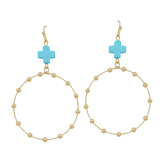 Turquoise Cross Shape with Gold Beaded Open Circle Drop 2" Earring