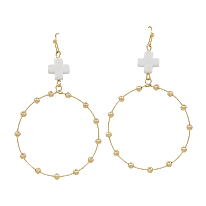 White Cross Shape with Gold Beaded Open Circle Drop 2" Earring