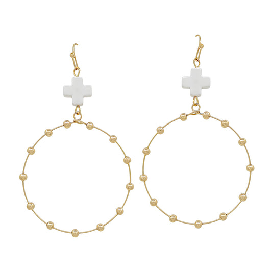 White Cross Shape with Gold Beaded Open Circle Drop 2" Earring