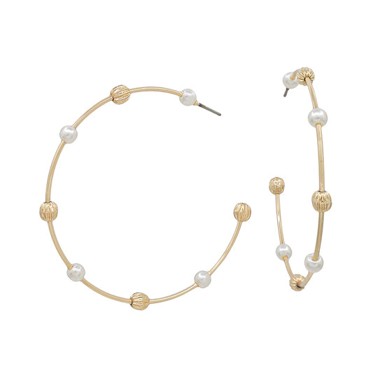 Water Resistant Gold Beaded and Pearl 2" Hoop Earring