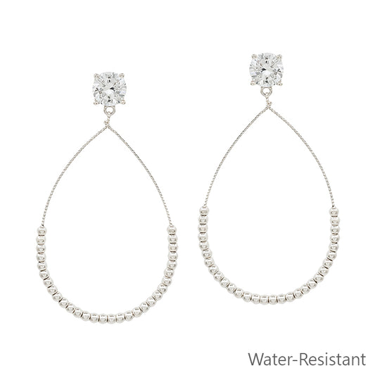 Water Resistant Crystal Stud with Silver Beaded Teardrop 2" Earring