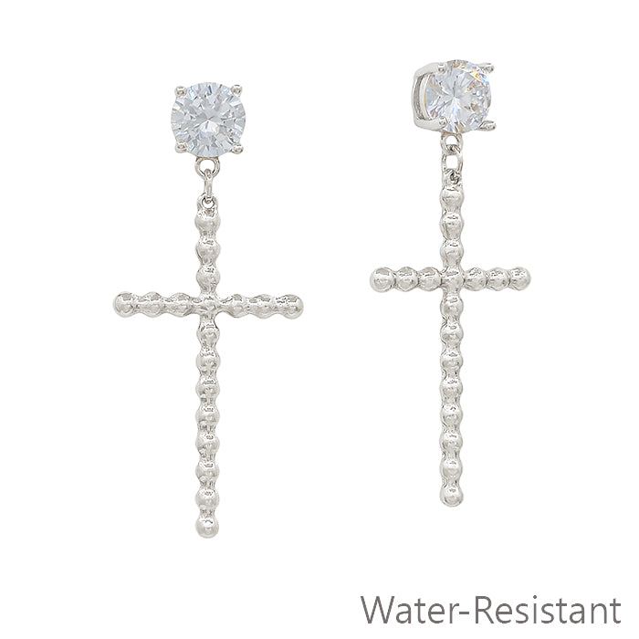 Water Resistant Crystal Stud with Silver Studded Cross 2" Earring