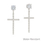 Water Resistant Crystal Stud with Silver Studded Cross 2" Earring