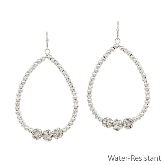 Water Resistant Beaded Silver Hoop with Pave Beaded Accent 2" Earring