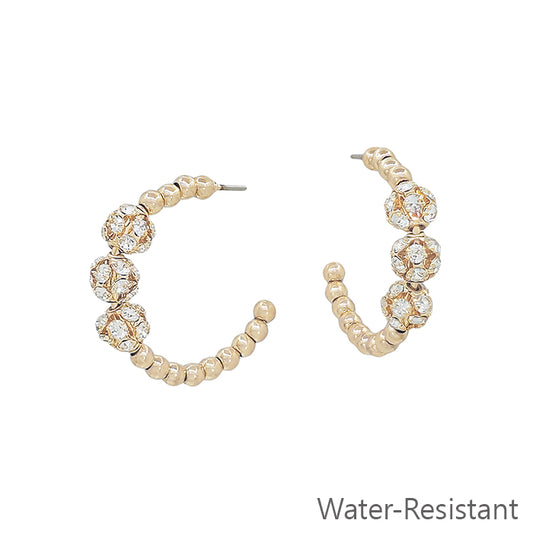 Water Resistant Gold Beaded Hoop with Pave Beaded Accent 1" Earring