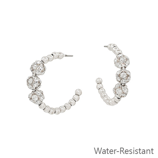 Water Resistant Silver Beaded Hoop with Pave Beaded Accent 1" Earring