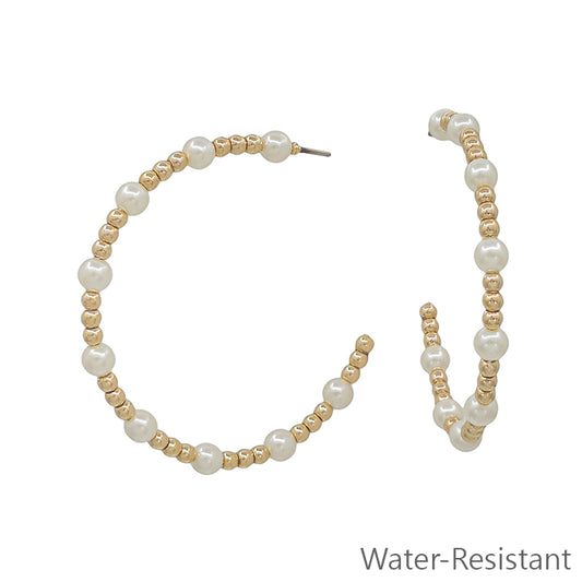 Water Resistant Gold Beaded and Pearl 2" Hoop Earring