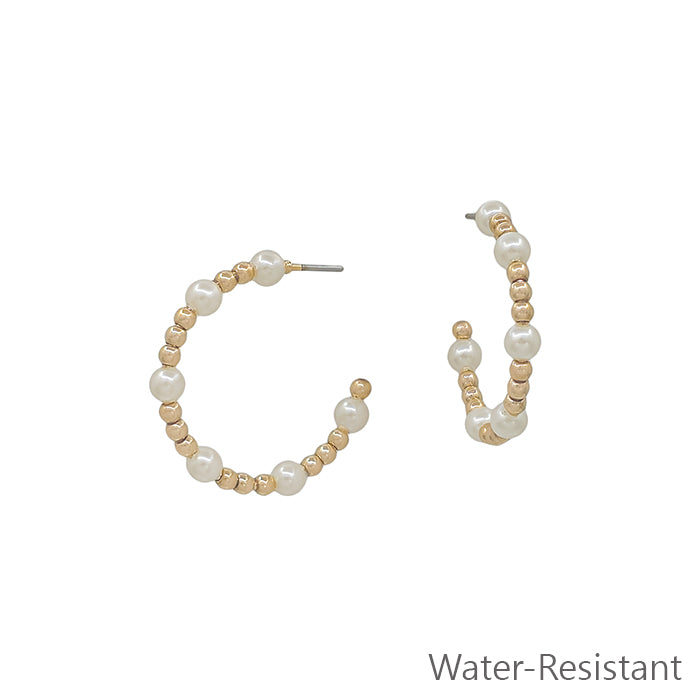 Water Resistant Gold Beaded and Pearl 1.25" Hoop Earring