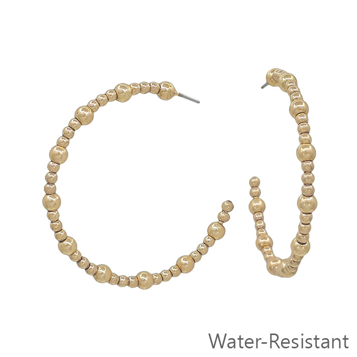 Water Resistant Gold Textured Beaded 1.6" Hoop Earring