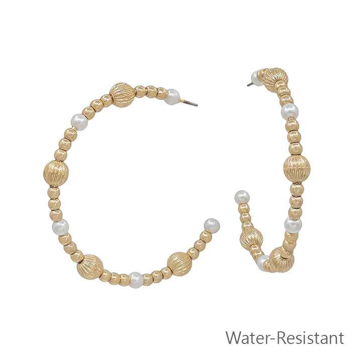 Water Resistant Gold Textured Beaded and Pearl 2" Hoop Earring