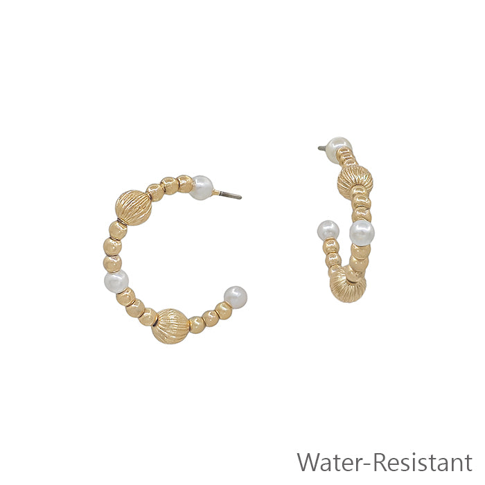 Water Resistant Gold Textured Beaded and Pearl 1" Hoop Earring