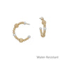 Water Resistant Gold Textured Beaded and Pearl 1" Hoop Earring