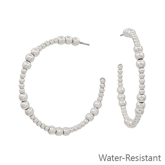 Water Resistant Silver 2" 4MM and 2MM Beaded Hoop Earring