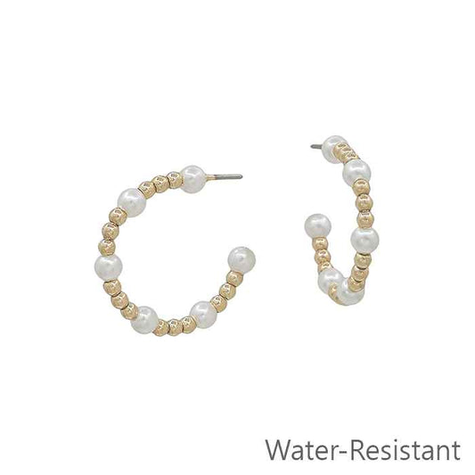 Water Resistant Gold and Pearl 1" 4MM and 2MM Beaded Hoop Earring