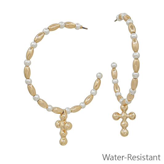 Water Resistant Pearl with Gold Cross 2" Hoop Earring