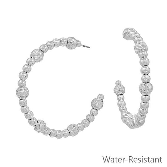 Water Resistant Silver Beaded with Textured Bead 2" Hoop Earring