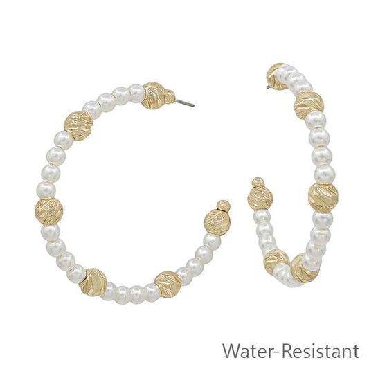 Water Resistant Gold Beaded with Pearl 2" Hoop Earring