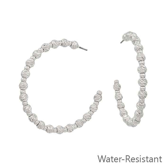 Water Resistant Twisted Silver Bead 2" 4MM Hoop Earring