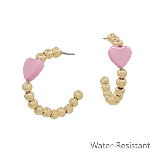 Water Resistant Gold Beaded with Pink Heart Accent 1.25" Hoop Earring