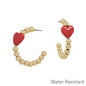 Water Resistant Gold Beaded with Red Heart Accent 1.25" Hoop Earring