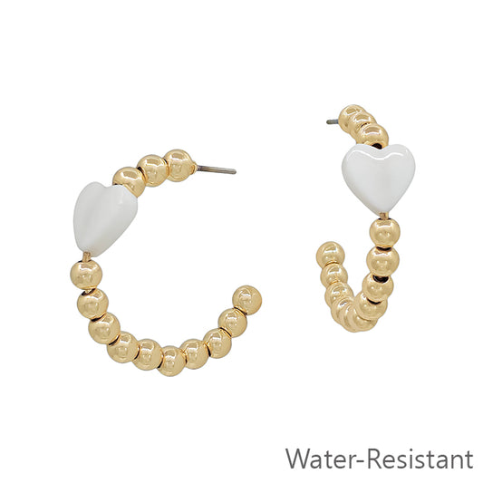 Water Resistant Gold Beaded with White Heart Accent 1.25" Hoop Earring