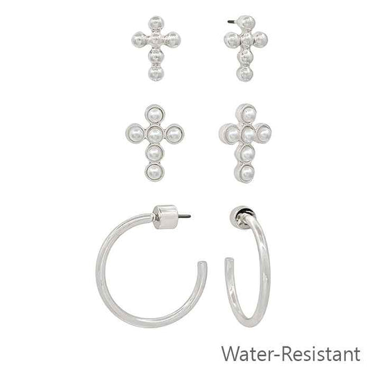 Water Resistant Set of 3 Silver Cross, Hoop, and Pearl Cross Earrings