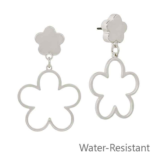 Water Resistant Double Flower Silver Drop 1.5" Earring