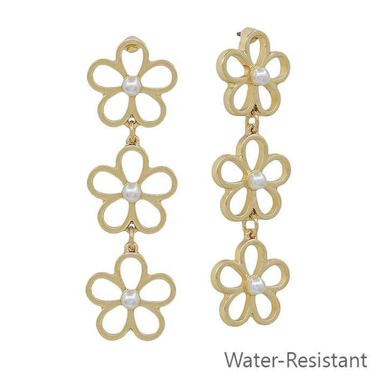 Water Resistant Gold Open Flower with Pearl 1.75" Earring