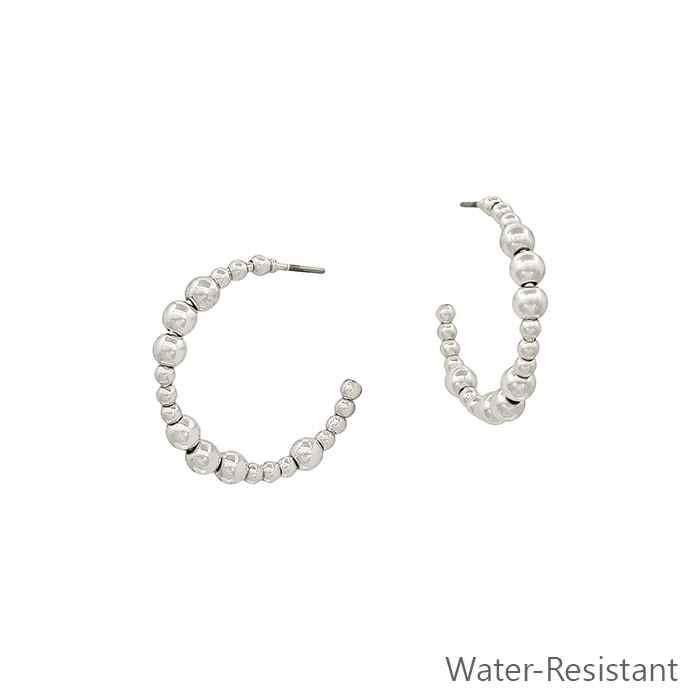 Water Resistant 3mm & 4mm Silver Beaded 1" Hoop Earring