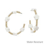 Water Resistant Gold Beaded Hoop with White Flower Accent 2" Earring