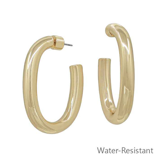 Water Resistant Gold Oval 1.5" Hoop Earring