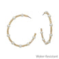 Water Resistant Gold Square Beaded and Pearl 2" Hoop Earring