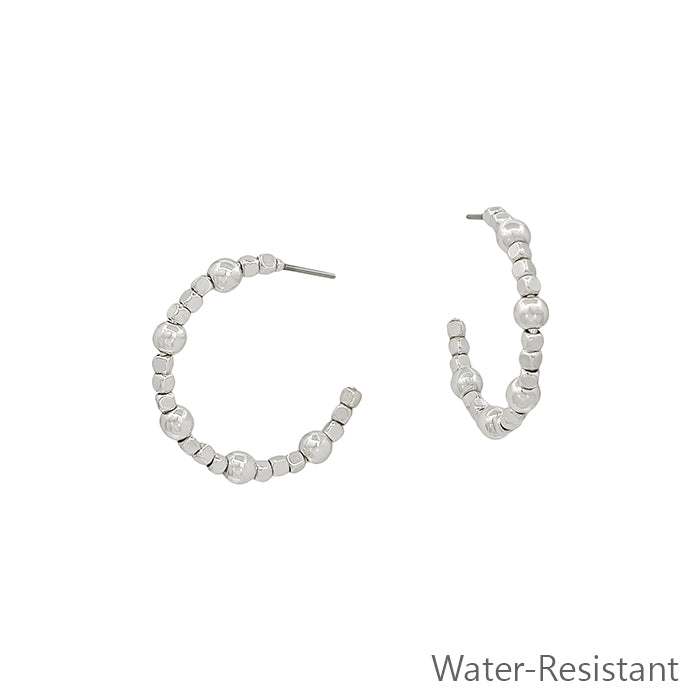 Water Resistant Silver Square Beaded with Silver Bead 1" Hoop Earring