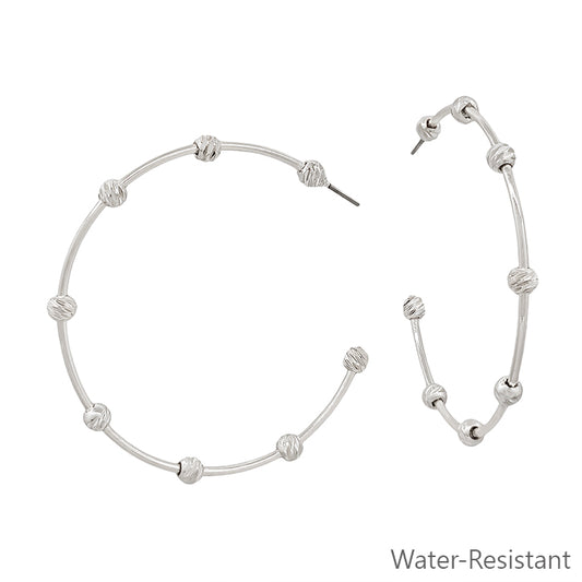 Water Resistant Silver Bar with Silver Textured Ball 2" Hoop Earring