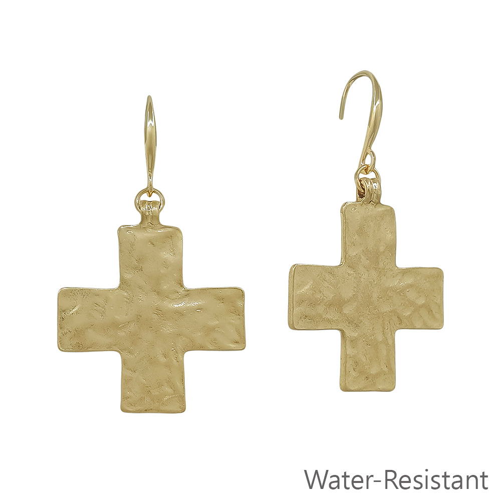 Water Resistant 1.5" Gold Hammered Cross Metal Earring
