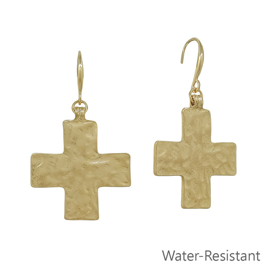 Water Resistant 1.5" Gold Hammered Cross Metal Earring